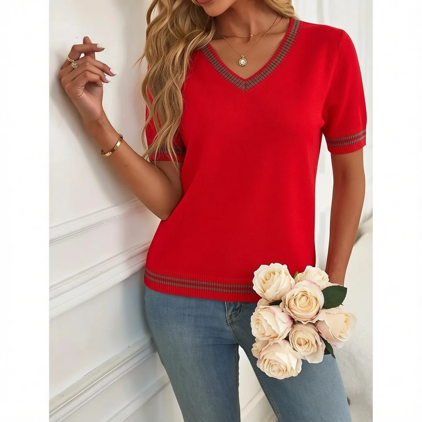 Women Summer Sweater Korean Fashion V Neck Knit T-shirt Short Sleeve Knit Pullover Top Thin Ice Silk Female Clothing
Women Summer Sweater Korean Fashion V Neck Knit T-shirt Short Sleeve Knit Pullover Top Thin Ice Silk Female Clothing