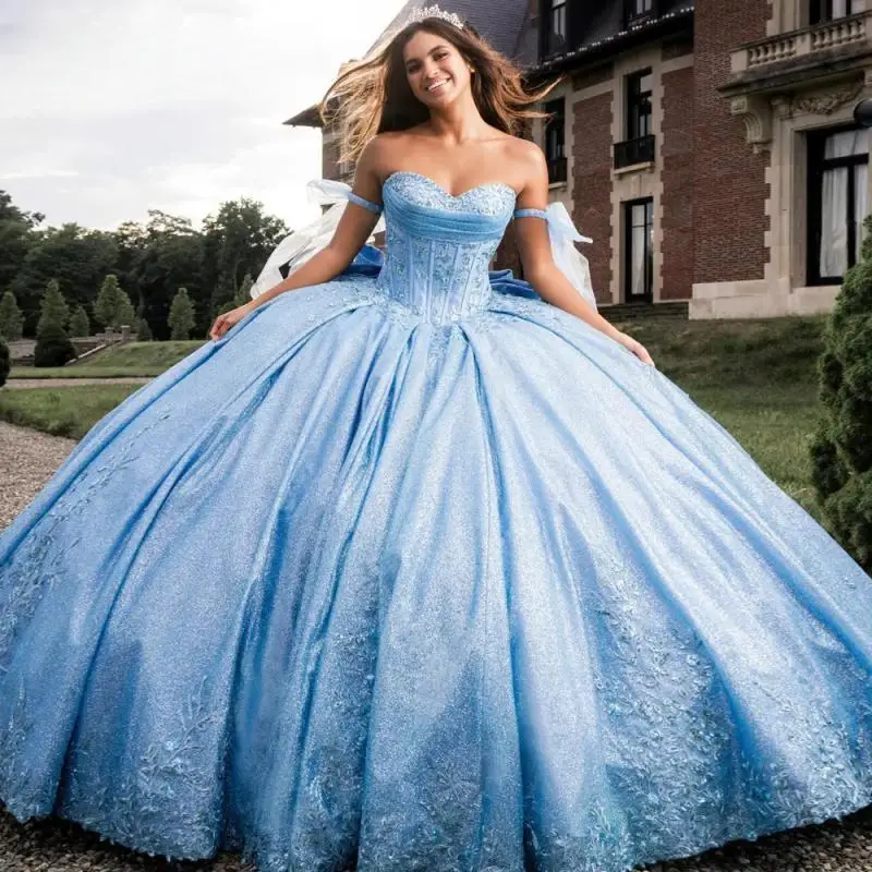 Customized Shiny baby blue Quinceanera Dresses for Girl Appliques Pleat Off the Shoulder Tull flower Vestido De 15 Quinceaneras 
Customized Shiny baby blue Quinceanera Dresses for Girl Appliques Pleat Off the Shoulder Tull flower Vestido De 15 Quinceaneras