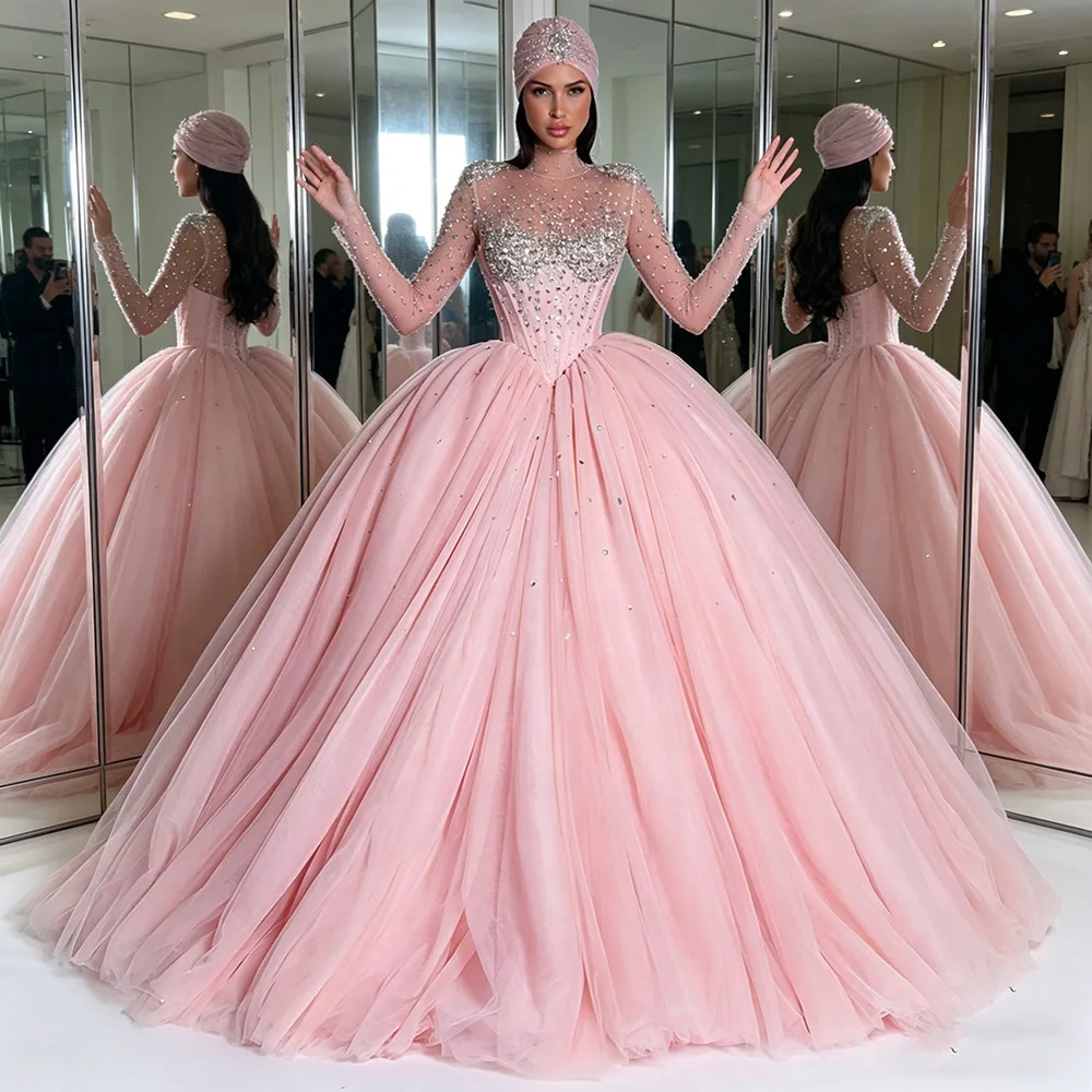 Customized Ball Gown Evening Dress Sheer High Neck Long Sleeves Rhinestone Crystal Corset Prom Gown Sweet 15 Year Dresses
Customized Ball Gown Evening Dress Sheer High Neck Long Sleeves Rhinestone Crystal Corset Prom Gown Sweet 15 Year Dresses