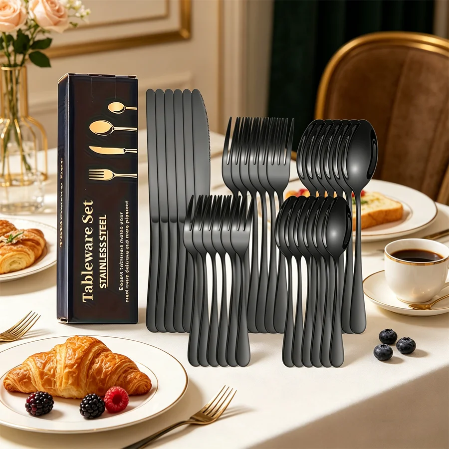 30pcs black stainless steel cutlery set serves 6 people and includes a knife, fork, and spoon. It is reusable and easy to clean.
30pcs black stainless steel cutlery set serves 6 people and includes a knife, fork, and spoon. It is reusable and easy to clean.