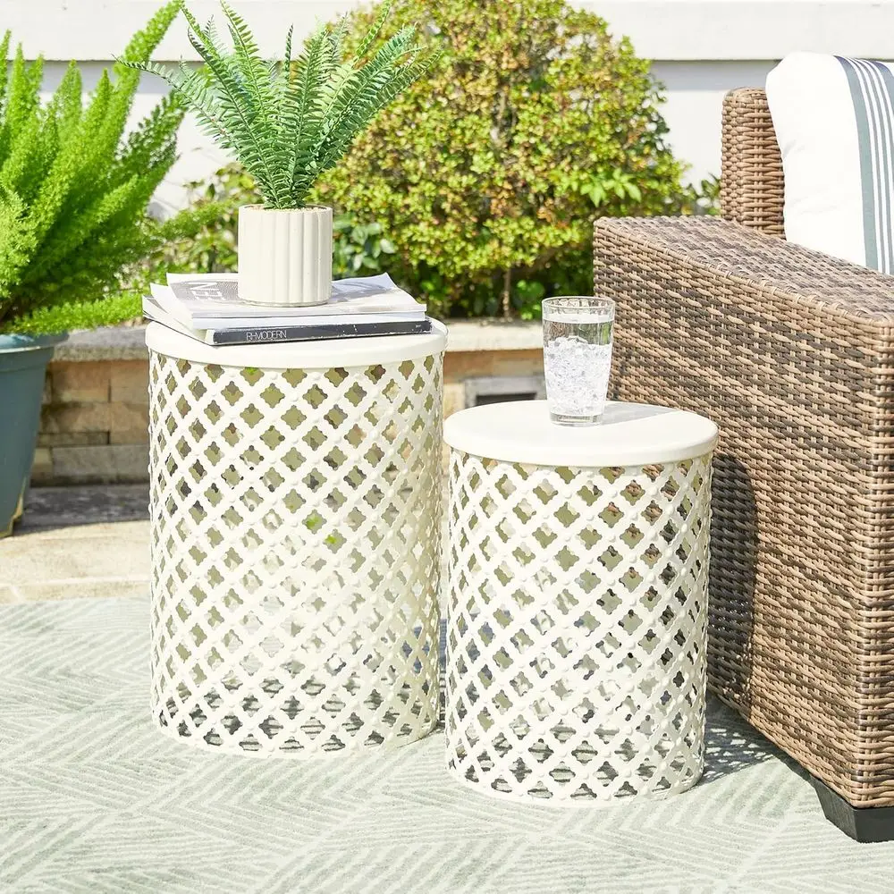 Set of 2 Outdoor Side Tables, Decorative Garden Stool, Heavy-Duty Metal Accent Tables, Glossy White
Set of 2 Outdoor Side Tables, Decorative Garden Stool, Heavy-Duty Metal Accent Tables, Glossy White