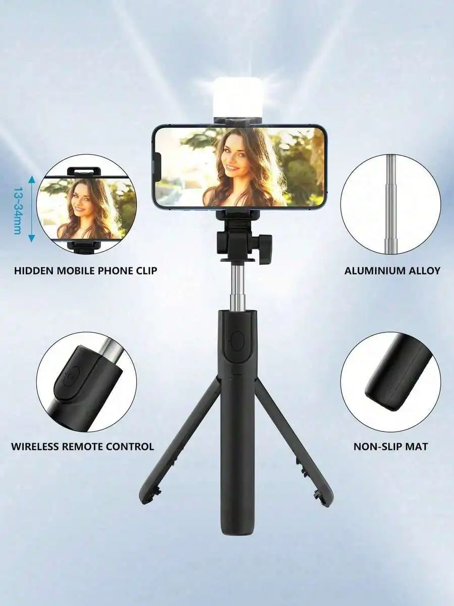 Bluetooth Selfie Stick Tripod With LED Fill Light And Wireless Remote For iPhone Android Vlog Live Streaming
Bluetooth Selfie Stick Tripod With LED Fill Light And Wireless Remote For iPhone Android Vlog Live Streaming
