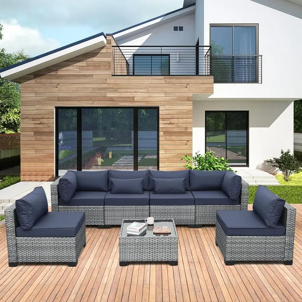 7 Pieces Outdoor Wicker urniture Contion Set Patio Sectional Soa Set Glass Table with Non-Slip Cushions urniture Cover, k Blue
7 Pieces Outdoor Wicker urniture Contion Set Patio Sectional Soa Set Glass Table with Non-Slip Cushions urniture Cover, k Blue