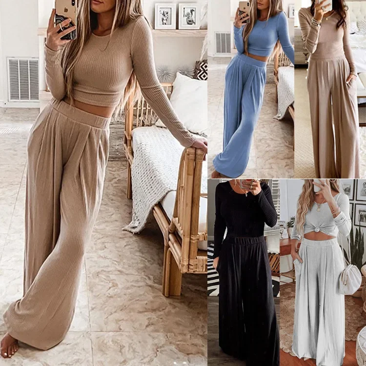 2021 Fall Women Knitted Rib Solid Color Two-Piece Sets Ladies Long Sleeves O-Neck Tops+Long Pants Casual Elegant Leisure Suit
2021 Fall Women Knitted Rib Solid Color Two-Piece Sets Ladies Long Sleeves O-Neck Tops+Long Pants Casual Elegant Leisure Suit