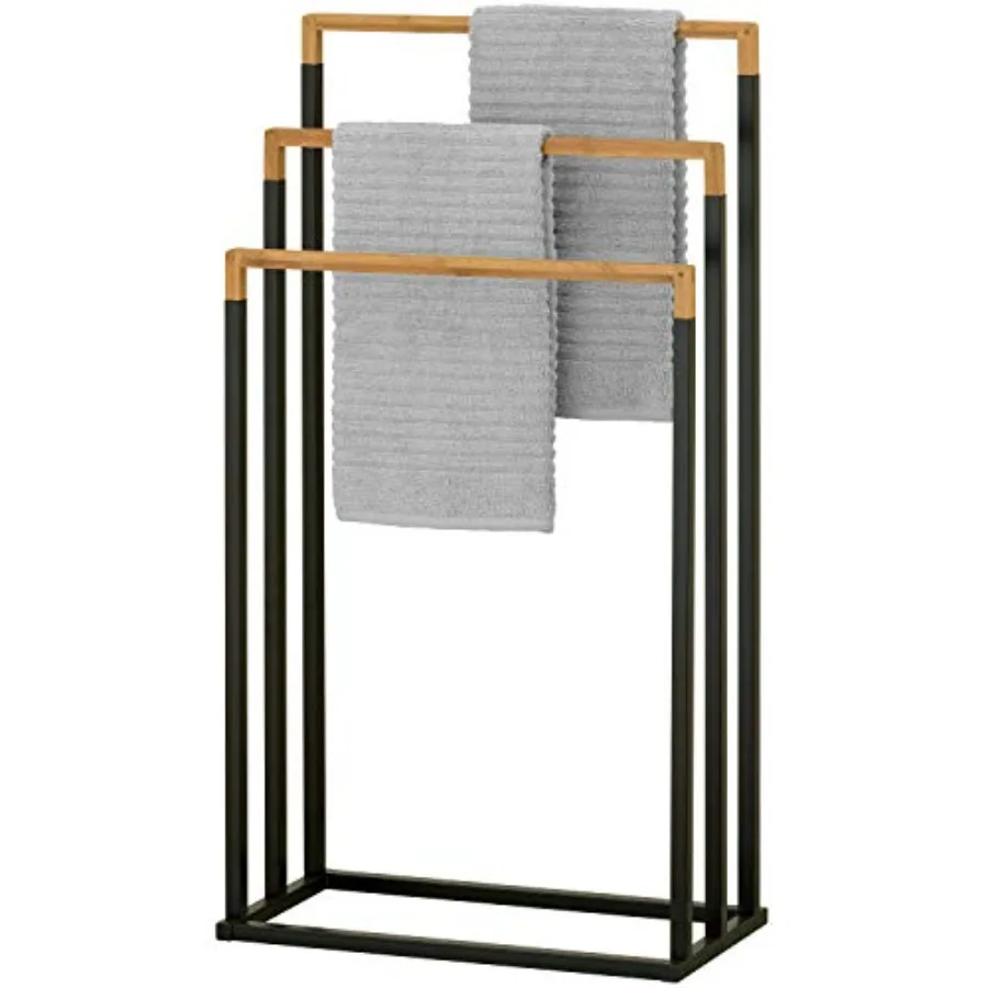 33 Inch Standing Towel Rack, Freestanding Bath Towel Holder with 3 Tier Bamboo Wood Bar and Black Chrome Plated Metal, Drying R
33 Inch Standing Towel Rack, Freestanding Bath Towel Holder with 3 Tier Bamboo Wood Bar and Black Chrome Plated Metal, Drying R