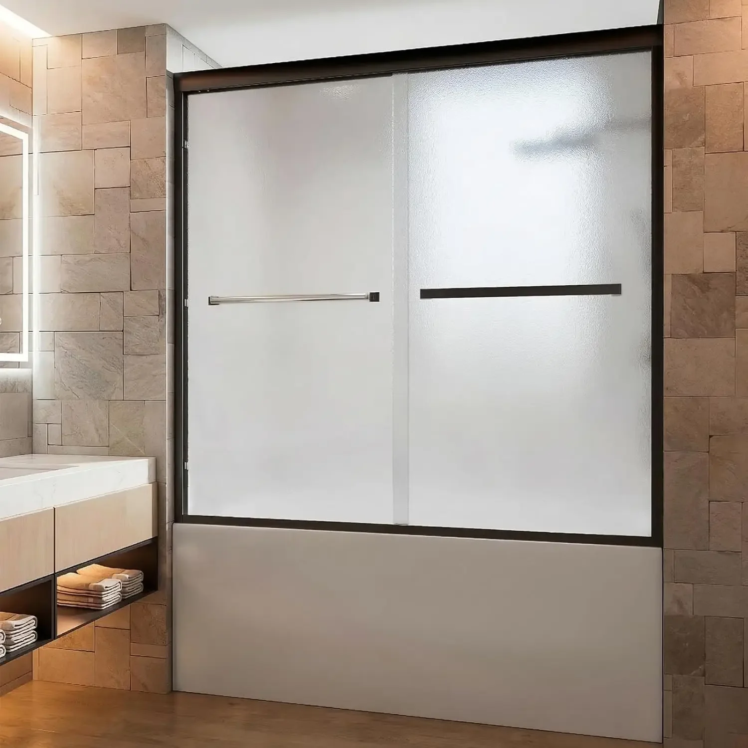 Frosted Shower Doors, 56-60 in W x 58 in H, 1/4 in(6mm) Tempered Glass Bathtub Door, Black Semi-Frameless Sliding Shower Door wi
Frosted Shower Doors, 56-60 in W x 58 in H, 1/4 in(6mm) Tempered Glass Bathtub Door, Black Semi-Frameless Sliding Shower Door wi