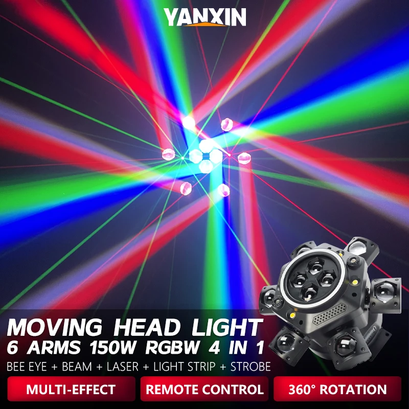 Disco Lights for Parties 150W Moving Head DJ Light RGBW LED 6 Arms Bee Eye Laser Strobe Effect DMX512 Sound Auto Remote Control
Disco Lights for Parties 150W Moving Head DJ Light RGBW LED 6 Arms Bee Eye Laser Strobe Effect DMX512 Sound Auto Remote Control