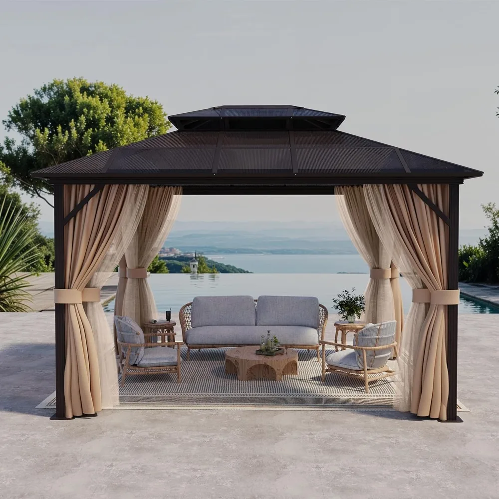 10'x12' Hardtop Gazebo, Outdoor Polycarbonate Double Roof Gazebo, Aluminum Frame Permanent Pavilion with Curtain and Netting
10'x12' Hardtop Gazebo, Outdoor Polycarbonate Double Roof Gazebo, Aluminum Frame Permanent Pavilion with Curtain and Netting