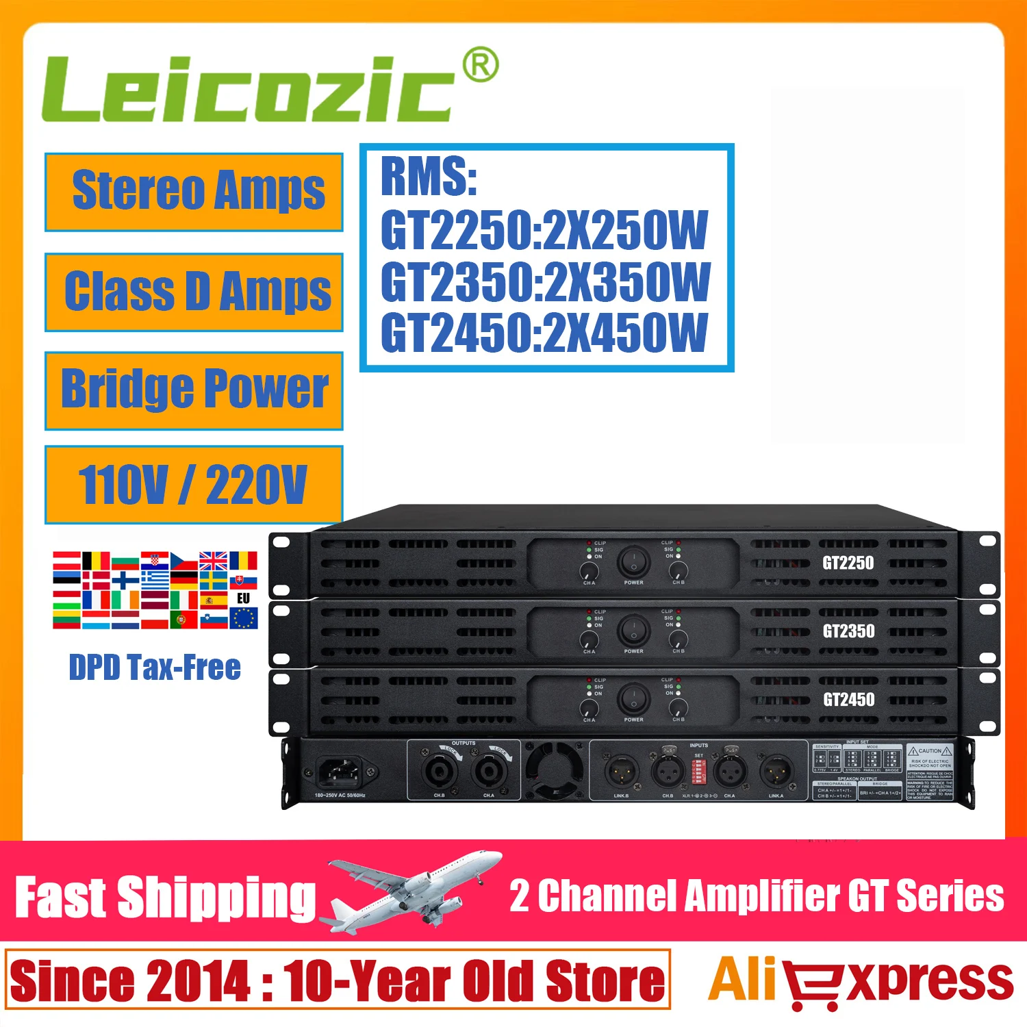 Leicozic 2 Channel Audio Amplifier Professional Power Amplificador Stereo GT Series RMS 250W 350W 450W 110V / 220V US EU Plug
Leicozic 2 Channel Audio Amplifier Professional Power Amplificador Stereo GT Series RMS 250W 350W 450W 110V / 220V US EU Plug
