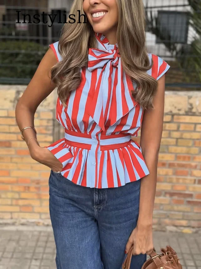 Summer Women's Shirts Spring and Summer Bow Sleeveless Striped Lapel Shirts Women's Casual Office Chic Personalized Blouses
Summer Women's Shirts Spring and Summer Bow Sleeveless Striped Lapel Shirts Women's Casual Office Chic Personalized Blouses