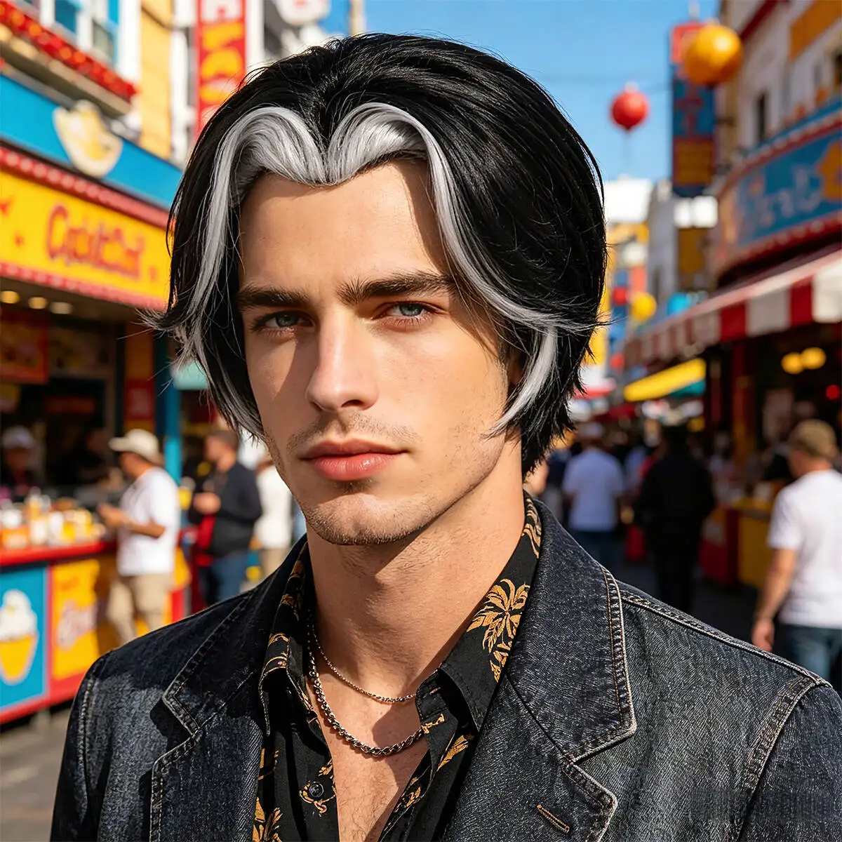 Black Short Synthetic Wig with White Streak, Men's Anime Style Hair for Cosplay and Halloween
Black Short Synthetic Wig with White Streak, Men's Anime Style Hair for Cosplay and Halloween