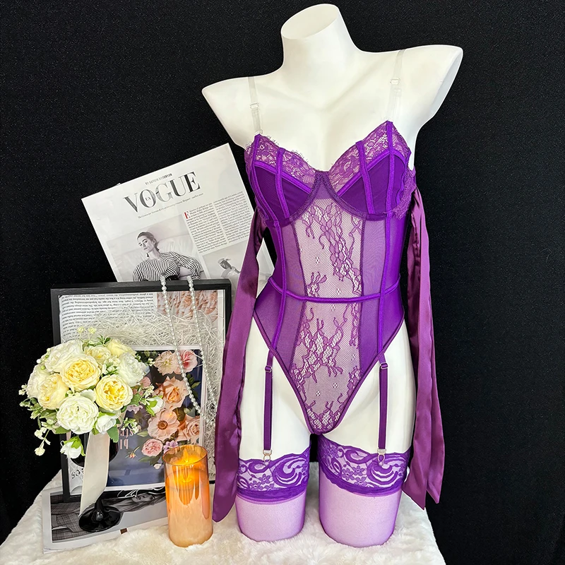 SENMHS Women Sexy Lace Exotic Set Thin See Through Bodysuit Purple Lingerie Set Bikini Exotic Apparel Matching stockings
SENMHS Women Sexy Lace Exotic Set Thin See Through Bodysuit Purple Lingerie Set Bikini Exotic Apparel Matching stockings