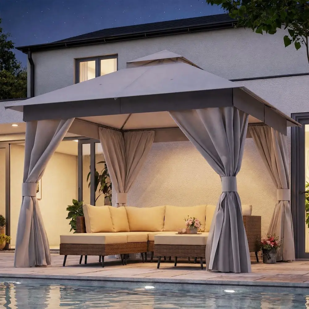 10'x10' Outdoor Gazebo with Double Roof, Mosquito Netting, and Privacy Screen - Grey
10'x10' Outdoor Gazebo with Double Roof, Mosquito Netting, and Privacy Screen - Grey