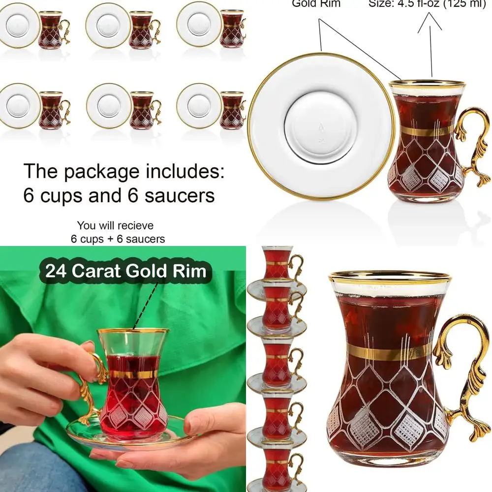 Set of 6 Gold Vintage Turkish Tea Cups and Saucers - Elegant Glassware for Parties and Gifts
Set of 6 Gold Vintage Turkish Tea Cups and Saucers - Elegant Glassware for Parties and Gifts