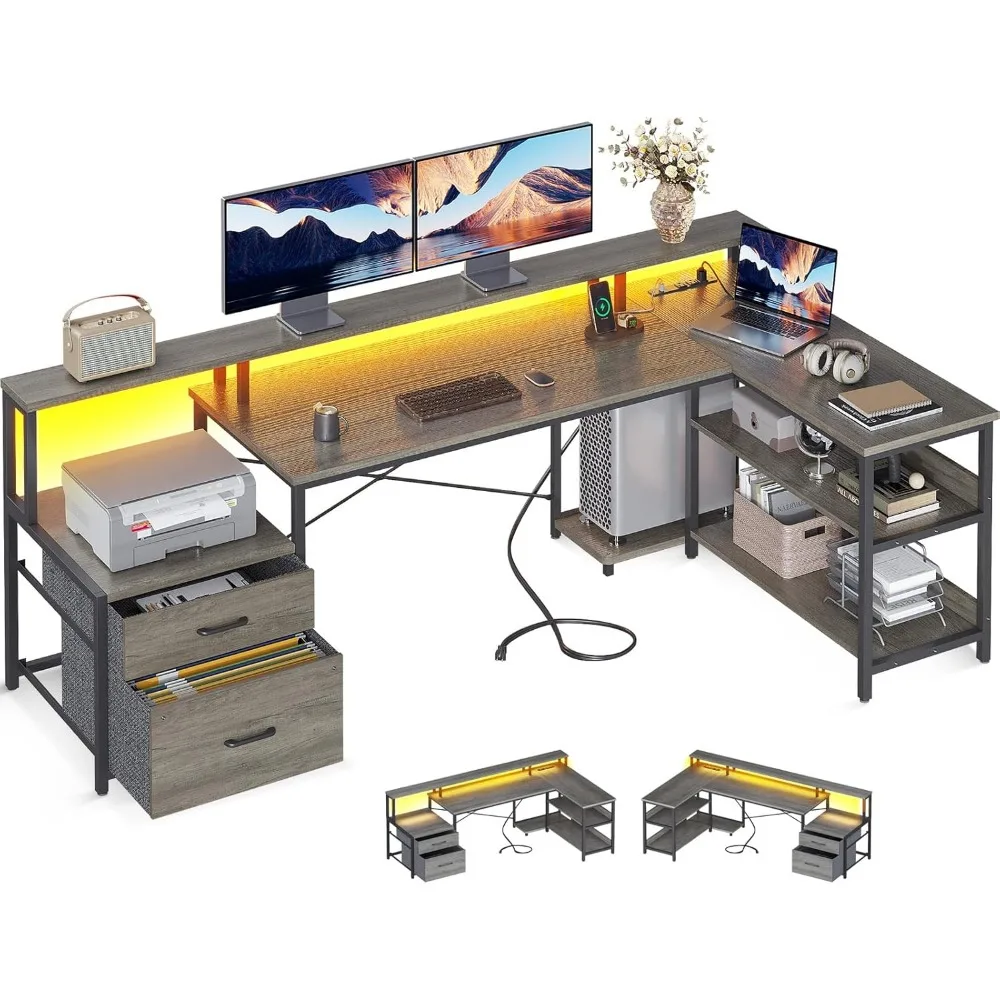 L Shaped Desk with File Drawer, 75" Reversible L Shaped Computer Desk with Power Outlet & LED Strip, Office Desk with Storage S
L Shaped Desk with File Drawer, 75" Reversible L Shaped Computer Desk with Power Outlet & LED Strip, Office Desk with Storage S