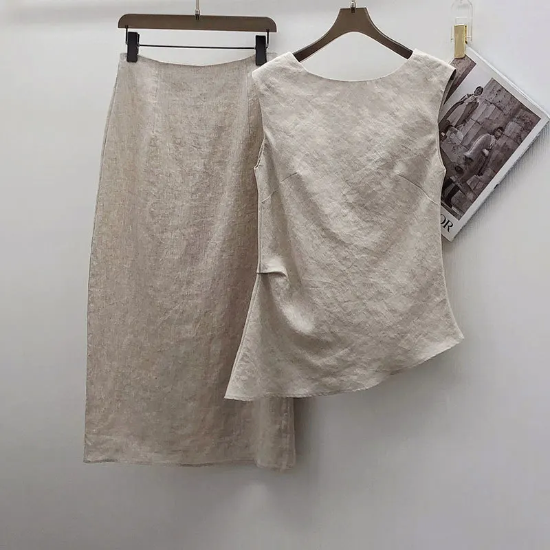 Women's 100% Linen Two Piece Sets Summer New O Neck Irregular Hem Sleeveless Tops High Waist A-Line Skirts Simple High End Suits
Women's 100% Linen Two Piece Sets Summer New O Neck Irregular Hem Sleeveless Tops High Waist A-Line Skirts Simple High End Suits