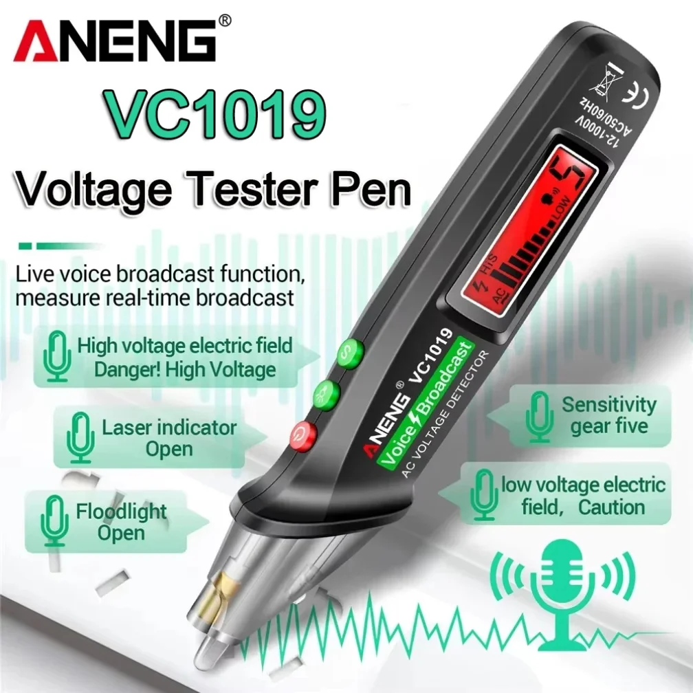 ANENG VC1019 Non-Contact Voltage Tester Pen Voice Broadcast Red Laser Detect 12-1000V Volt Current Pen Electric Test Meter Tools
ANENG VC1019 Non-Contact Voltage Tester Pen Voice Broadcast Red Laser Detect 12-1000V Volt Current Pen Electric Test Meter Tools