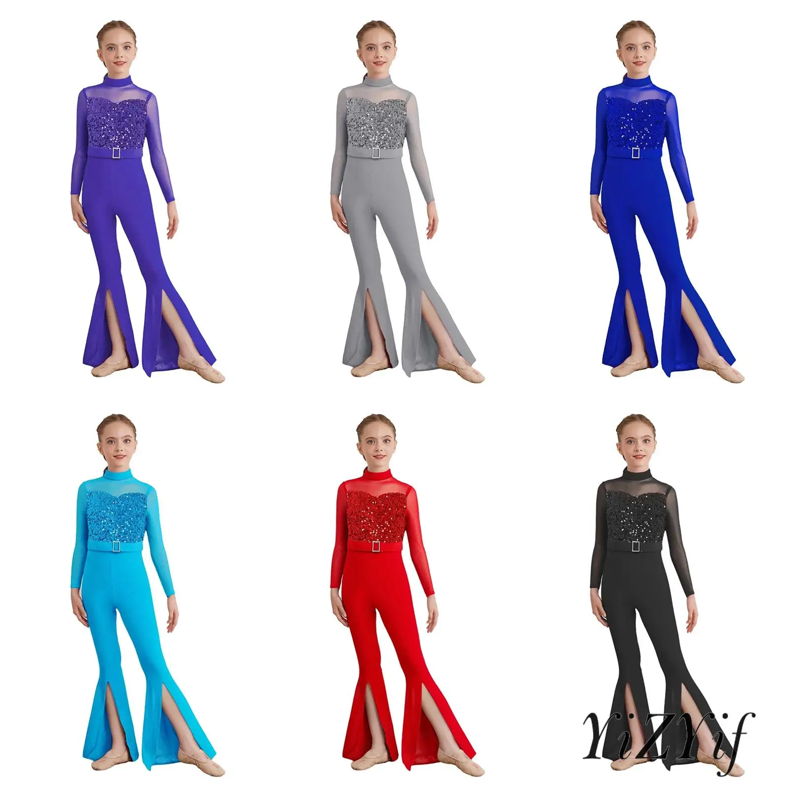 Kid Girl Long Sleeve Cutout Back Sequins Bodice Split Bell-Bottom Jumpsuit for Latin Jazz Samba Cha-cha Dance Stage Performance
Kid Girl Long Sleeve Cutout Back Sequins Bodice Split Bell-Bottom Jumpsuit for Latin Jazz Samba Cha-cha Dance Stage Performance