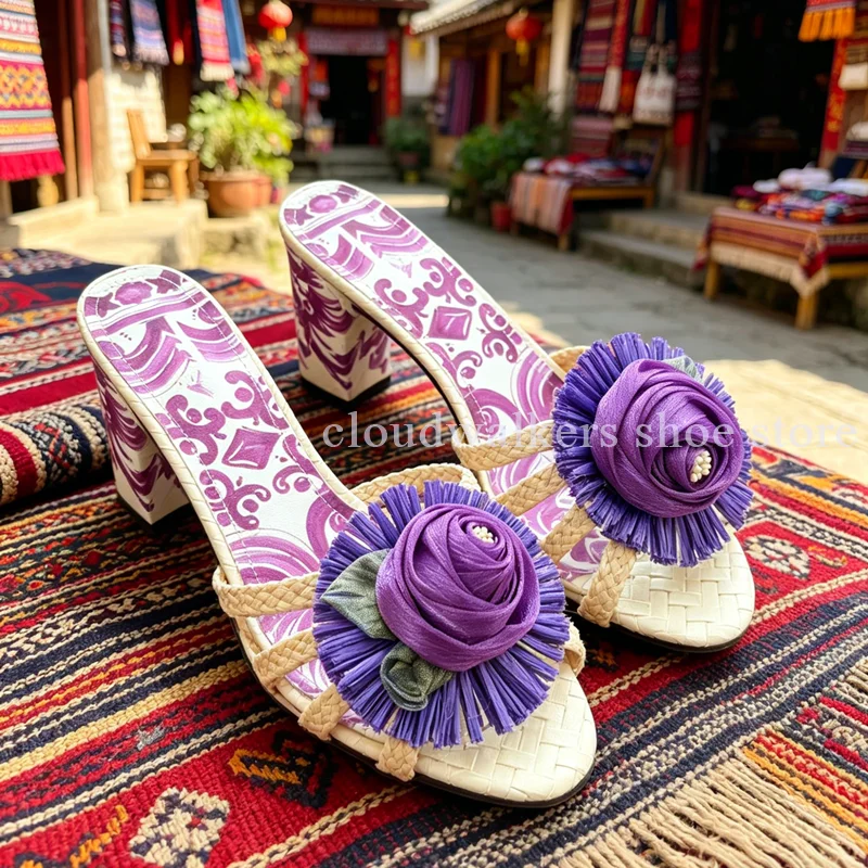 Purple Print Peep Toe Woven Strap Handcrafted Ribbon Flowers Fashion Slippers Elegant Chunky Heel Slip On Summer Outdoor Slipper
Purple Print Peep Toe Woven Strap Handcrafted Ribbon Flowers Fashion Slippers Elegant Chunky Heel Slip On Summer Outdoor Slipper