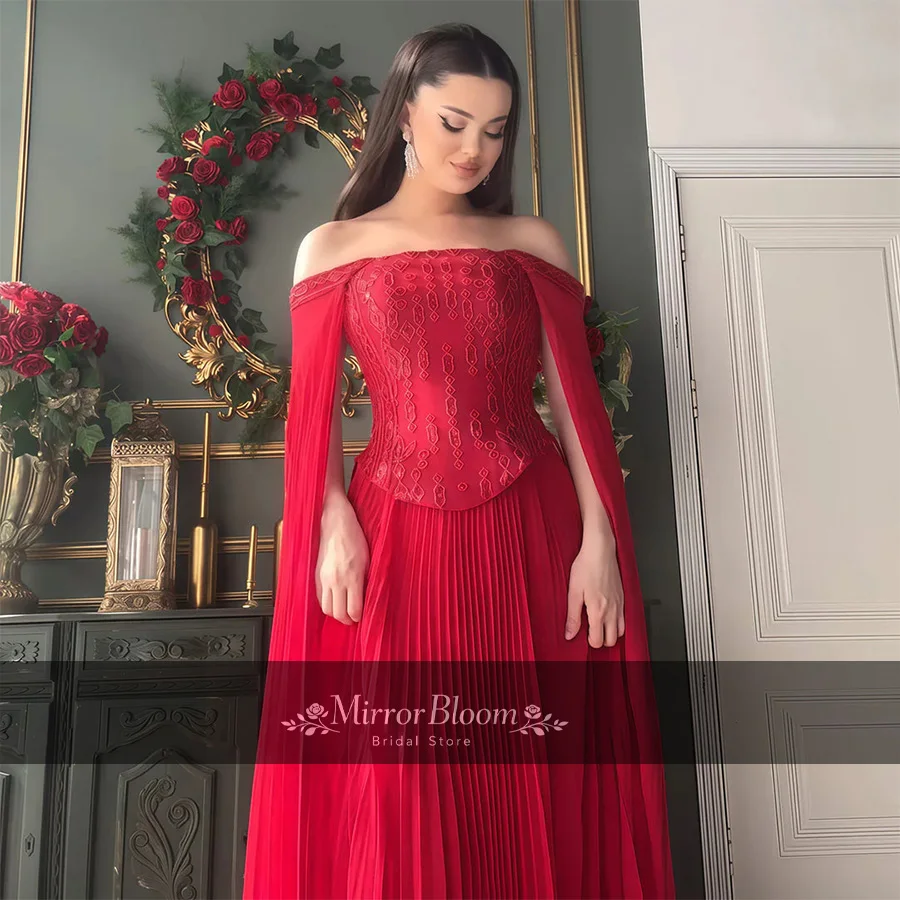 Customized Elegant Red Off The Shoulder Evening Dress Cape Sleeve Formal Prom Gown Luxury Pleated Floor Length Wedding Dresses
Customized Elegant Red Off The Shoulder Evening Dress Cape Sleeve Formal Prom Gown Luxury Pleated Floor Length Wedding Dresses