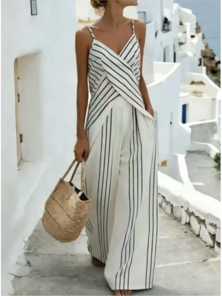 Summer Fashion New Retro Striped Tank Top + Wide Leg Pant Two Piece Sets Casual Women's V-neck Sleeveless Lady Holiday Party Set
Summer Fashion New Retro Striped Tank Top + Wide Leg Pant Two Piece Sets Casual Women's V-neck Sleeveless Lady Holiday Party Set