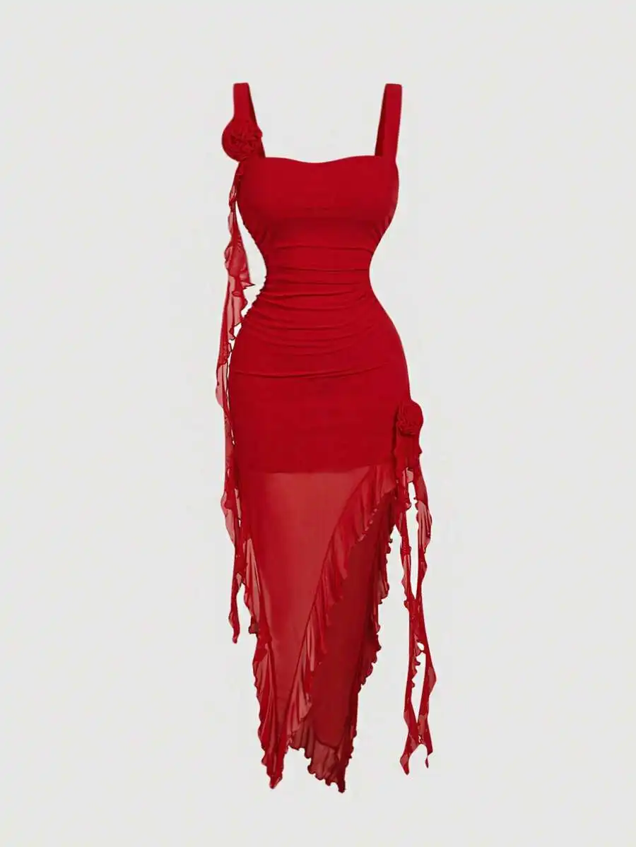 Red Floral Ruched Dress With Sheer Fringe For Women Evening Party Dress
Red Floral Ruched Dress With Sheer Fringe For Women Evening Party Dress