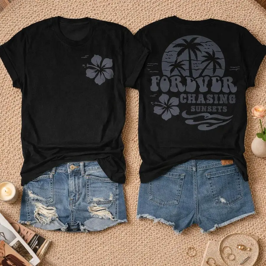 Black Cotton T-Shirt With Hawaiian Hibiscus And Sunset Print Casual Women Tee
Black Cotton T-Shirt With Hawaiian Hibiscus And Sunset Print Casual Women Tee
