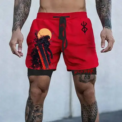 Men's 2-Layer Athletic Shorts with Berserk Manga Sketch Print, Black Swordman Character Battle Scene for Casual Sports Wear