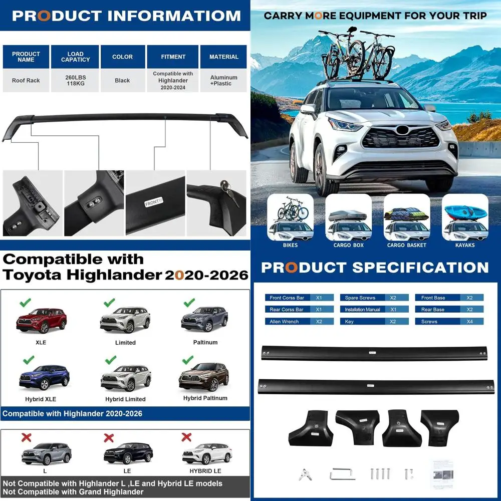Aluminum Roof Rack Crossbars for 2020-2026 Toyota Highlander, 260 lbs Capacity, XLE/Limited/Platinum/Hybrid Models
Aluminum Roof Rack Crossbars for 2020-2026 Toyota Highlander, 260 lbs Capacity, XLE/Limited/Platinum/Hybrid Models