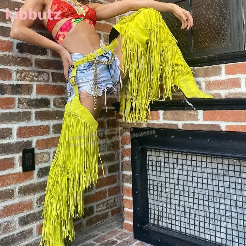 Tassel Fringe Belted Chaps Boots Over The Knee High Pointed Toe Thin Heel Side Zipper Solid Color Suede Fashion Novelty Sexy New 
Tassel Fringe Belted Chaps Boots Over The Knee High Pointed Toe Thin Heel Side Zipper Solid Color Suede Fashion Novelty Sexy New
