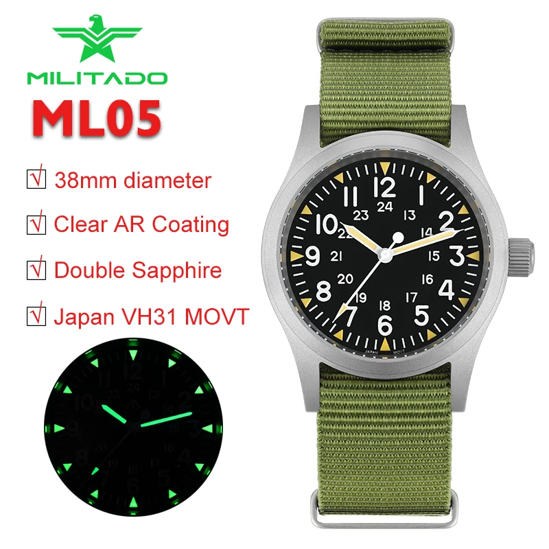 Militado ML05 Field Watch VH31 Sweep Second Hand Domed Sapphire Crystal with AR Coating C3 Luminous 38mm Quartz Military Watch
Militado ML05 Field Watch VH31 Sweep Second Hand Domed Sapphire Crystal with AR Coating C3 Luminous 38mm Quartz Military Watch
