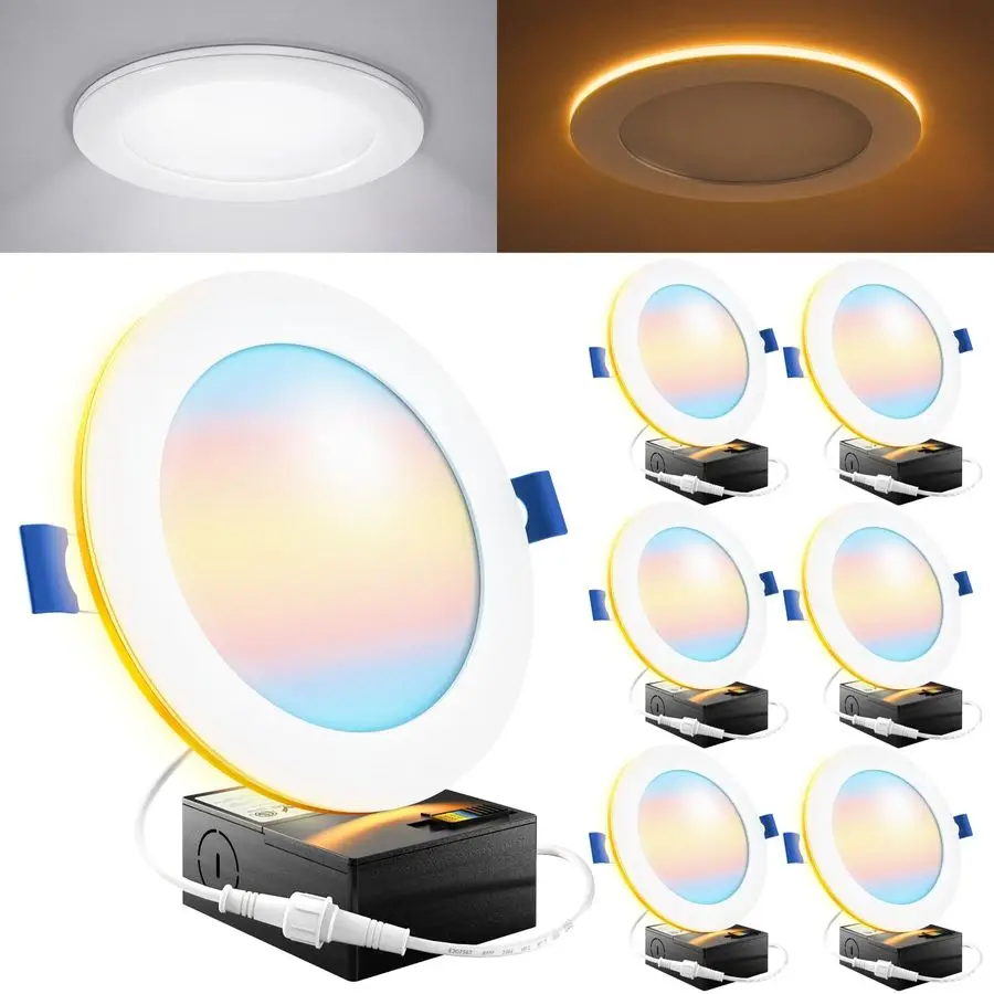 6 Pack 6 Inch LED Recessed Light with Night Light, Slim Ceiling Lighting, 1500 Lumens, 15W 110W Equivalent, Selectable CCT 2700K
6 Pack 6 Inch LED Recessed Light with Night Light, Slim Ceiling Lighting, 1500 Lumens, 15W 110W Equivalent, Selectable CCT 2700K