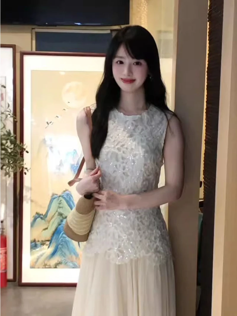 Chic Pastel Peach Vest Long Dress Holiday Style High-End Sensation Mesh Splicing Sleeveless round Neck Design Women's Dress
Chic Pastel Peach Vest Long Dress Holiday Style High-End Sensation Mesh Splicing Sleeveless round Neck Design Women's Dress