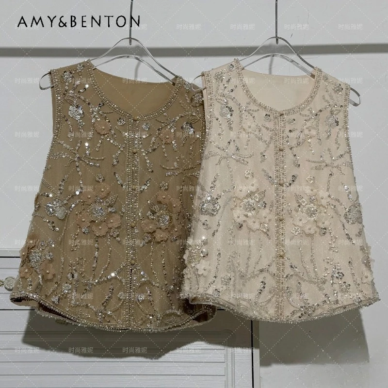 Elegant Chic Heavy Craft Sequin Vest Ladies O-Neck Cardigan Sleeveless Tank Top With Beaded Pearls Versatile Floral Waistcoat
Elegant Chic Heavy Craft Sequin Vest Ladies O-Neck Cardigan Sleeveless Tank Top With Beaded Pearls Versatile Floral Waistcoat