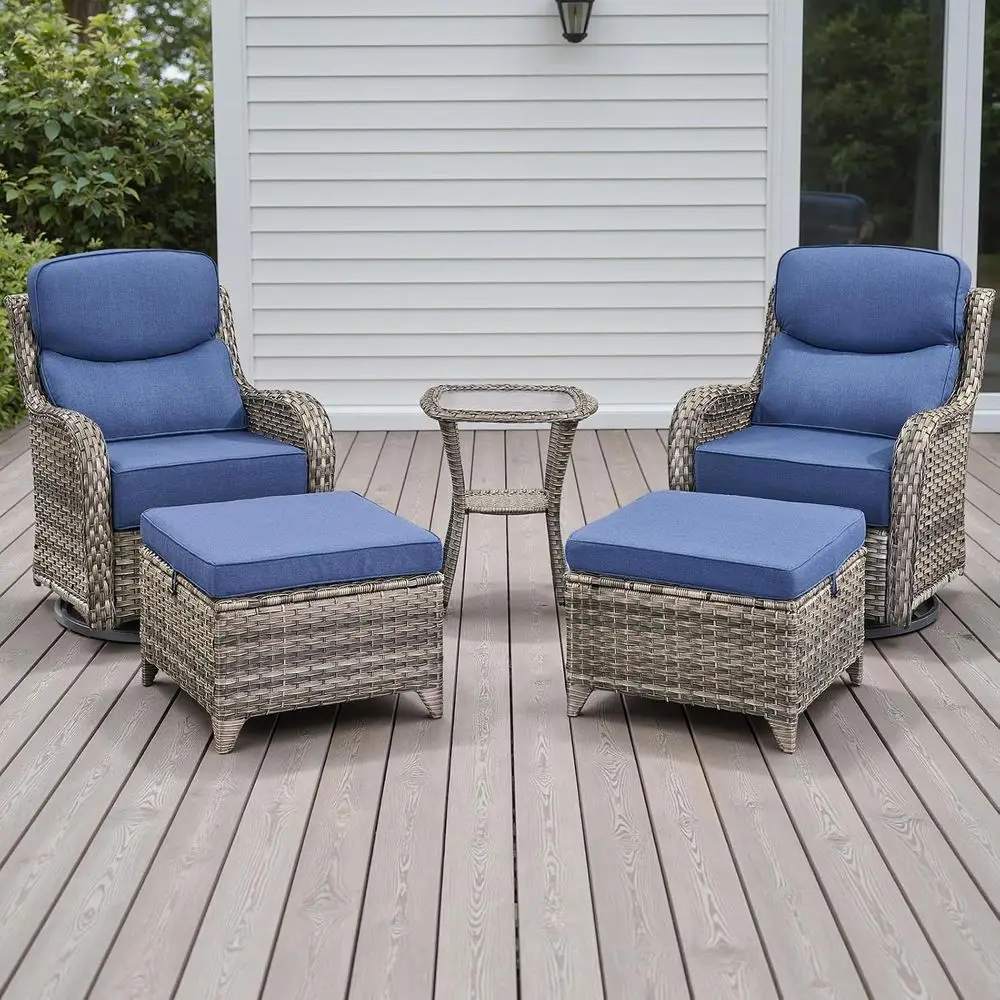 5-Piece Patio Furniture Set with Swivel Rocker Chairs, Ottomans, and Side Table, 6 Cushions, Waterproof Wicker, Grey/Blue Mix
5-Piece Patio Furniture Set with Swivel Rocker Chairs, Ottomans, and Side Table, 6 Cushions, Waterproof Wicker, Grey/Blue Mix