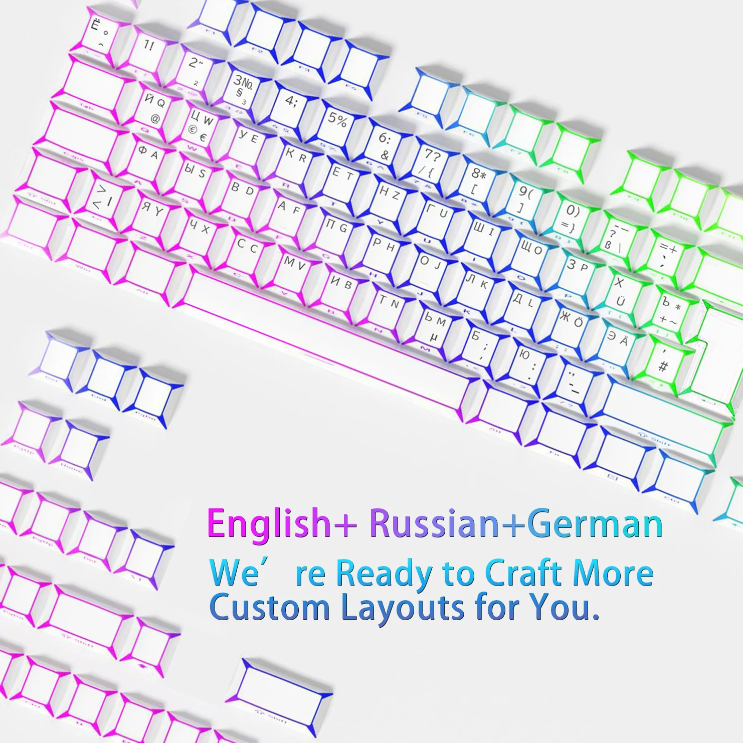 3D edge-lit PBT keycaps custom mechanical keyboard keycaps in Russian & German combinations, ISO full layout
3D edge-lit PBT keycaps custom mechanical keyboard keycaps in Russian & German combinations, ISO full layout