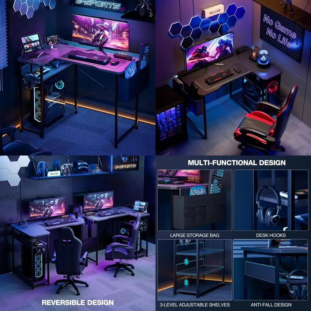 40 L-Shaped Gaming Desk with Power Outlets, Reversible Shelves, Storage - Black Carbon Corner PC Desk for Home Office
40 L-Shaped Gaming Desk with Power Outlets, Reversible Shelves, Storage - Black Carbon Corner PC Desk for Home Office