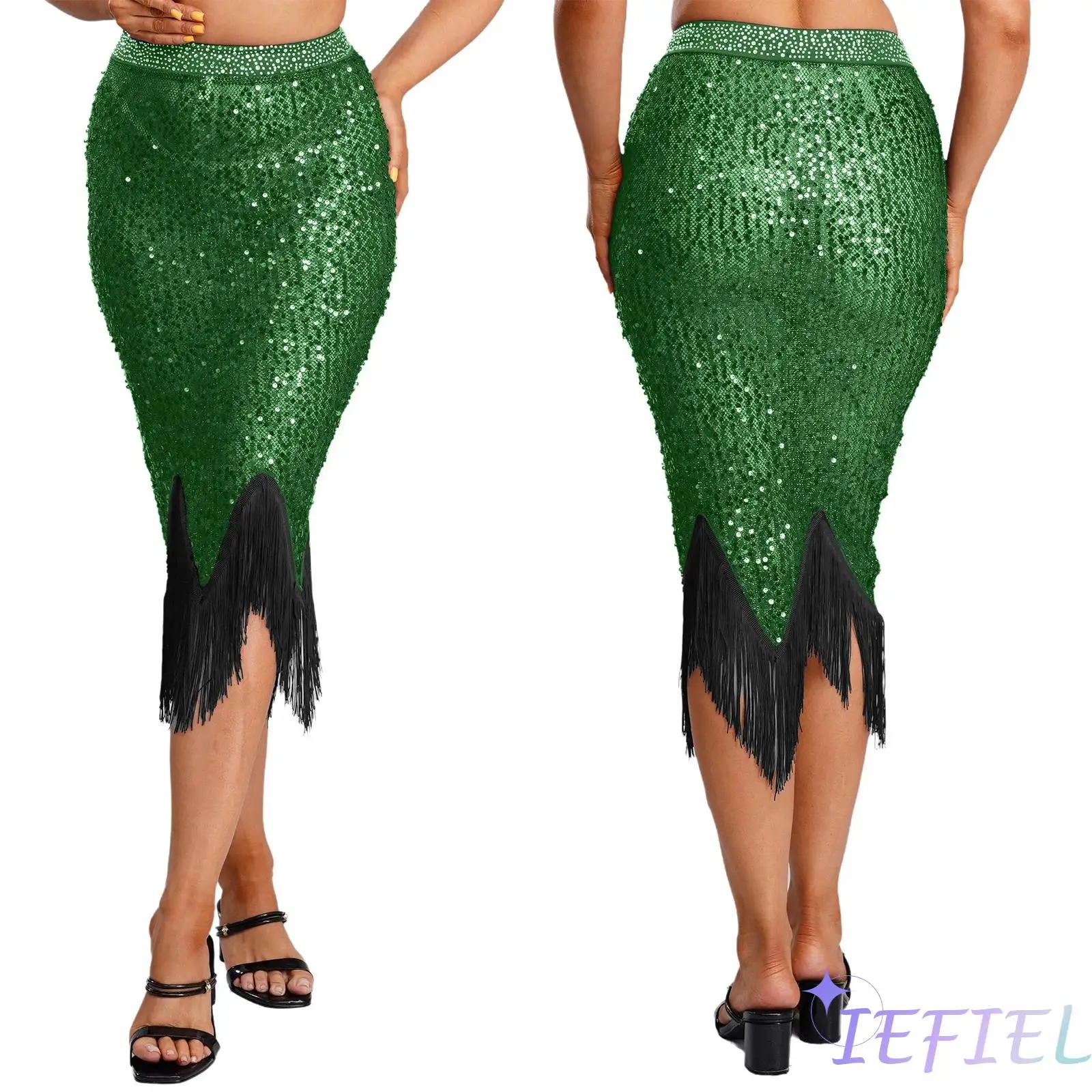 Womens Shiny Sequin Sheer Mesh Skirt Rhinestone Waistband Irregular Hem Tassel Fringe Pencil Skirt for Belly Dance Night Outing
Womens Shiny Sequin Sheer Mesh Skirt Rhinestone Waistband Irregular Hem Tassel Fringe Pencil Skirt for Belly Dance Night Outing