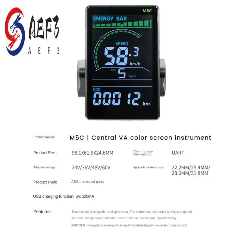 AEF3-M6C Electric Bike LCD Display Meter 24V-60V E Scooter LCD Panel Color Screen Parts With USB For Mountain Electric Bike (5PI
AEF3-M6C Electric Bike LCD Display Meter 24V-60V E Scooter LCD Panel Color Screen Parts With USB For Mountain Electric Bike (5PI