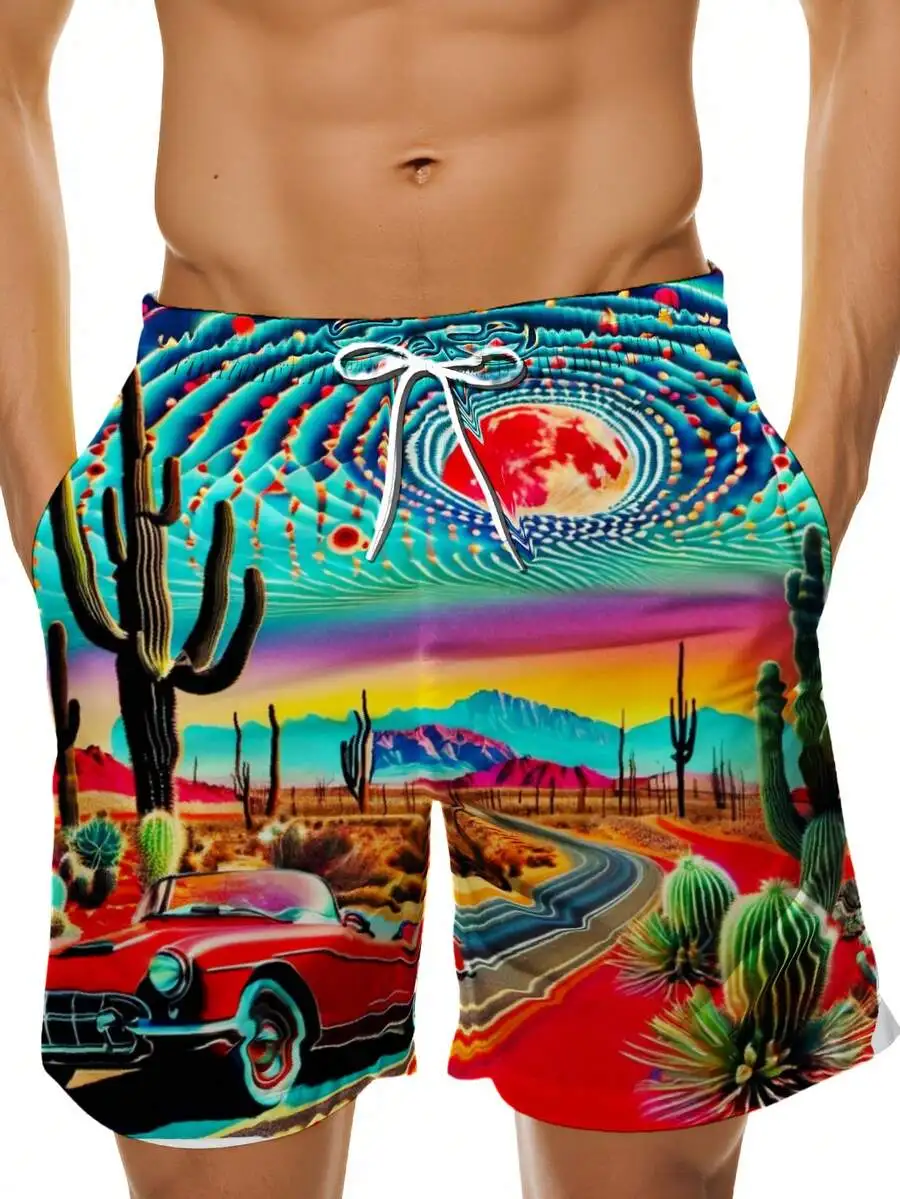 Mens Desert Scene Swim Trunks With Vintage Car And Cactus Print Colorful Beach Shorts
Mens Desert Scene Swim Trunks With Vintage Car And Cactus Print Colorful Beach Shorts
