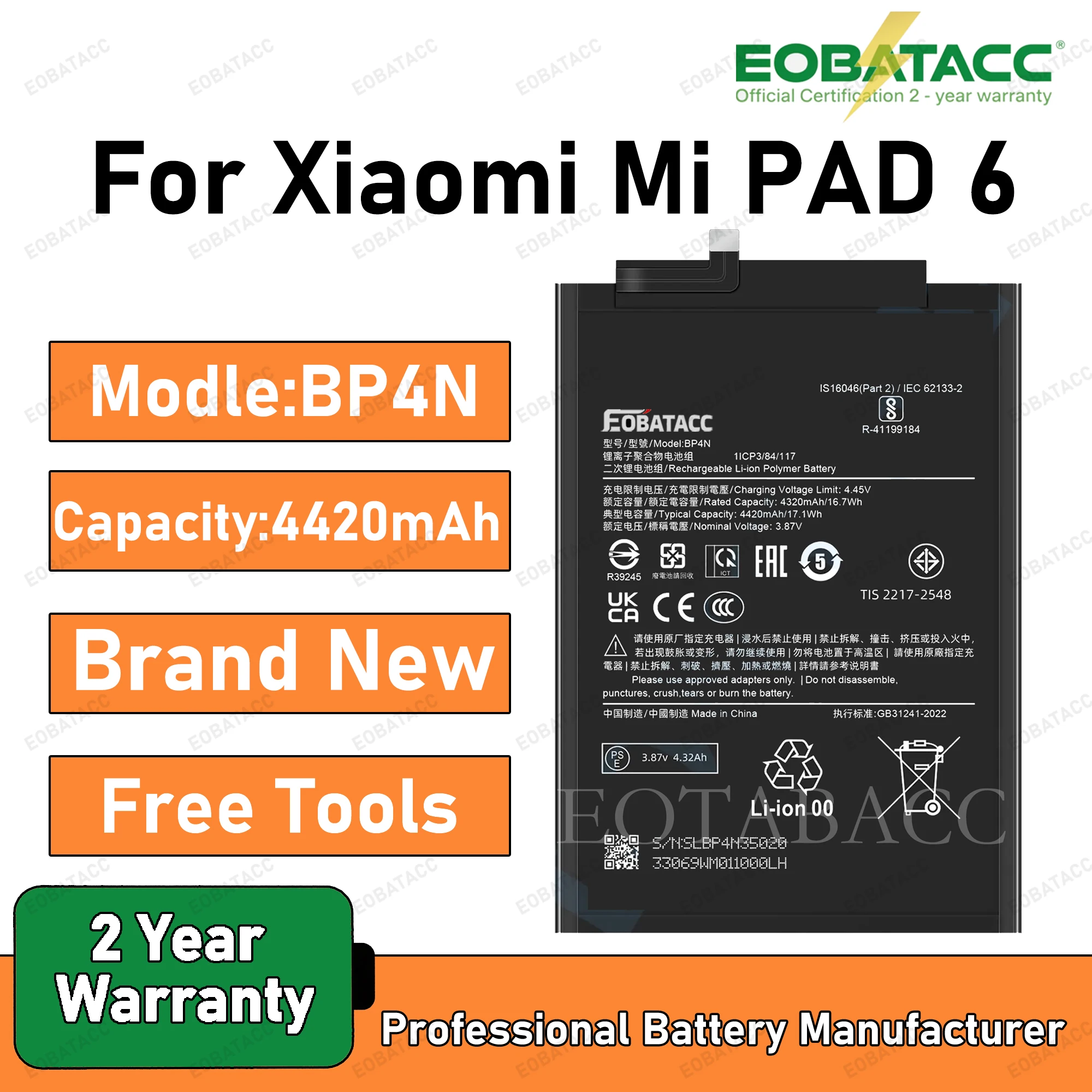 2025 лет EOBATACC 100% новый для Xiaomi Pad 6 23043RP34C 23043RP34G 23043RP34I BP4N 4420 мАч аккумулятор мобильного телефона + бесплатные инструменты
2025 лет EOBATACC 100% новый для Xiaomi Pad 6 23043RP34C 23043RP34G 23043RP34I BP4N 4420 мАч аккумулятор мобильного телефона + бесплатные инструменты