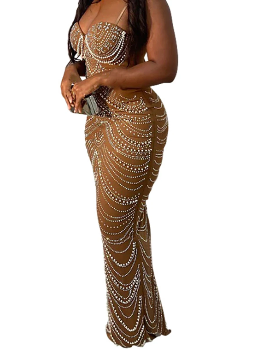 Sexy Sheer Mesh Patchwork Dress Spaghetti Strap Beads Rhinestone Decor Floor-length Party Dress
Sexy Sheer Mesh Patchwork Dress Spaghetti Strap Beads Rhinestone Decor Floor-length Party Dress