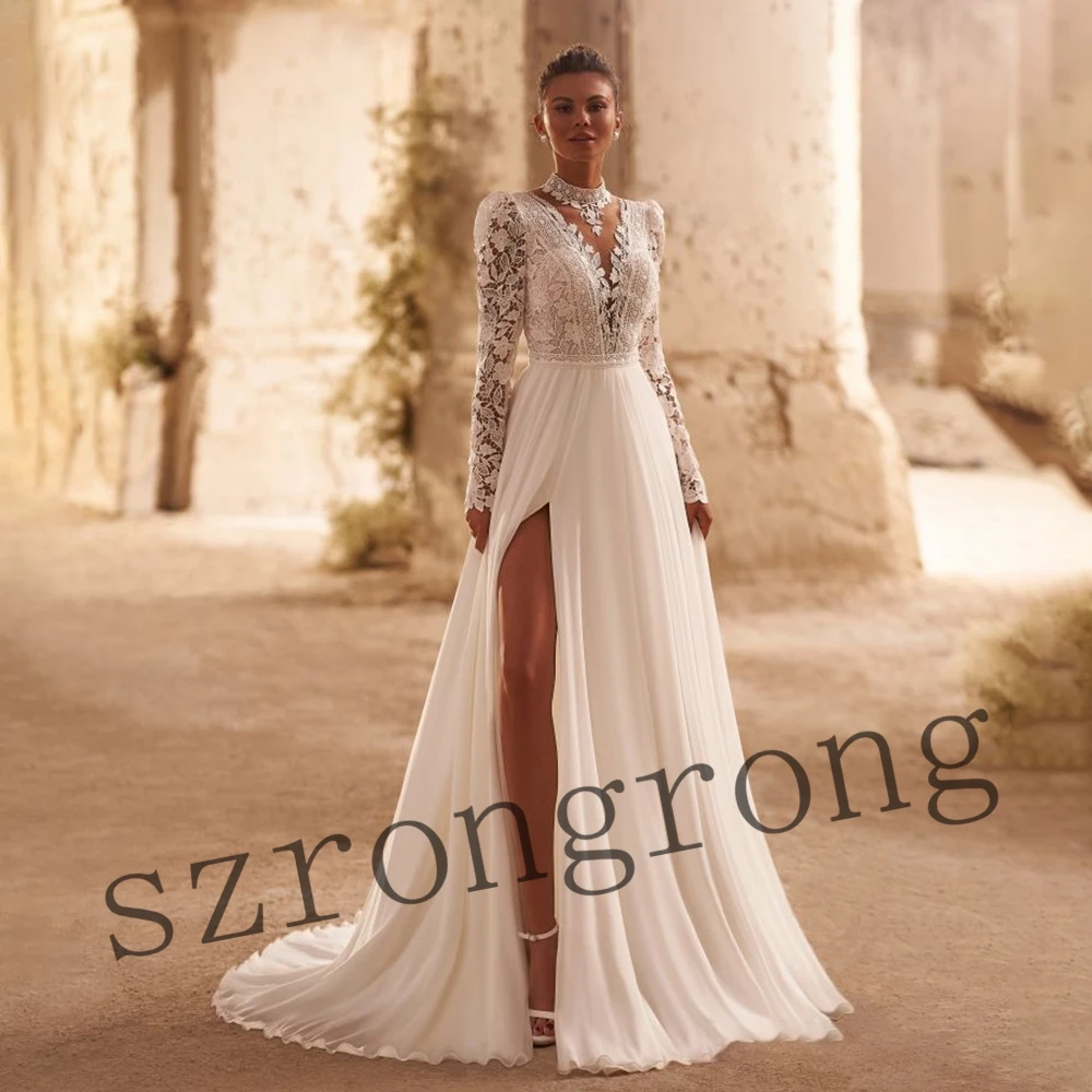 Custom Made Bohemaid V-neck Tulle Lace Wedding Party Dress A-line Illusion Back Floor Length Side Slit Bridal Dress with Court
Custom Made Bohemaid V-neck Tulle Lace Wedding Party Dress A-line Illusion Back Floor Length Side Slit Bridal Dress with Court