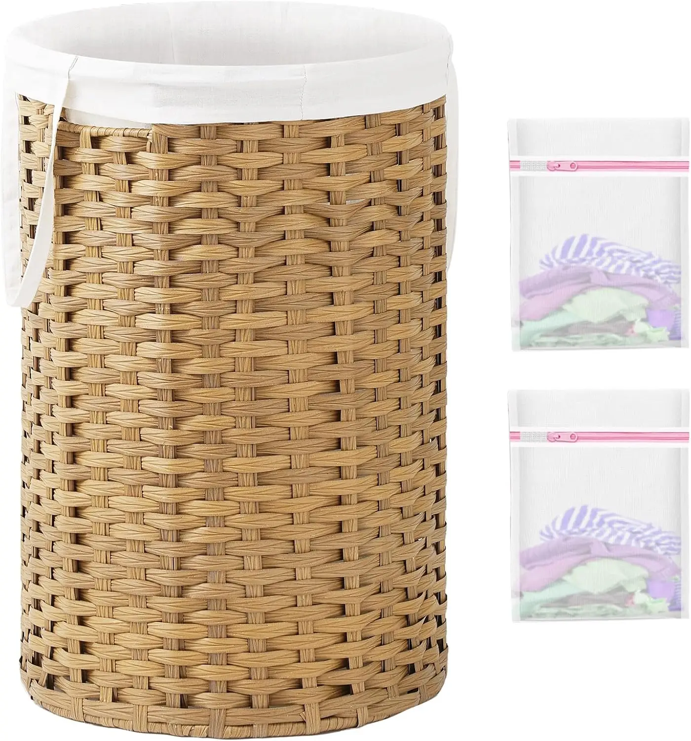 Large 130L Round Woven Laundry Basket with Removable Bag and Handles, Includes 2 Mesh Bags for Bedroom or Living Room
Large 130L Round Woven Laundry Basket with Removable Bag and Handles, Includes 2 Mesh Bags for Bedroom or Living Room