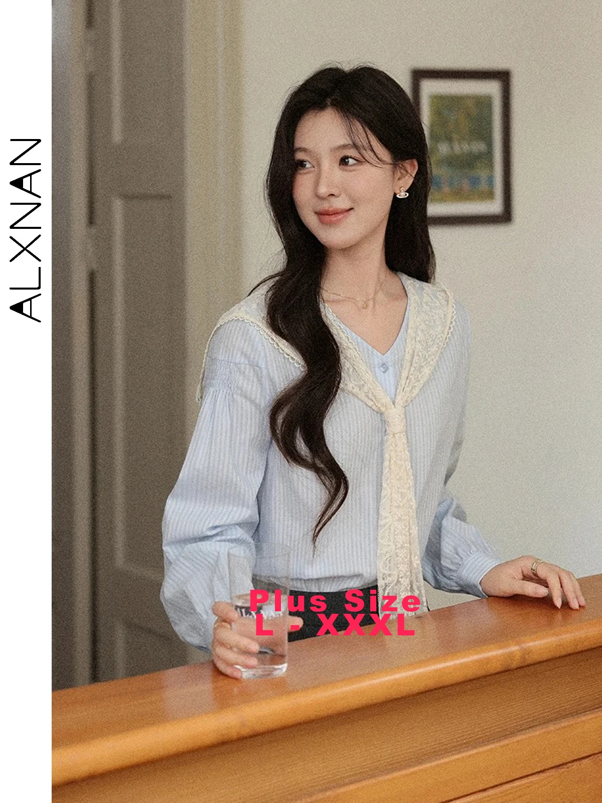 ALXNAN Plus Size Women's Shirt Blue Striped V-neck Cotton Long Sleeve Blouse 2026 New Shawl Office Lady Loose Fit Tops D12719-1
ALXNAN Plus Size Women's Shirt Blue Striped V-neck Cotton Long Sleeve Blouse 2026 New Shawl Office Lady Loose Fit Tops D12719-1