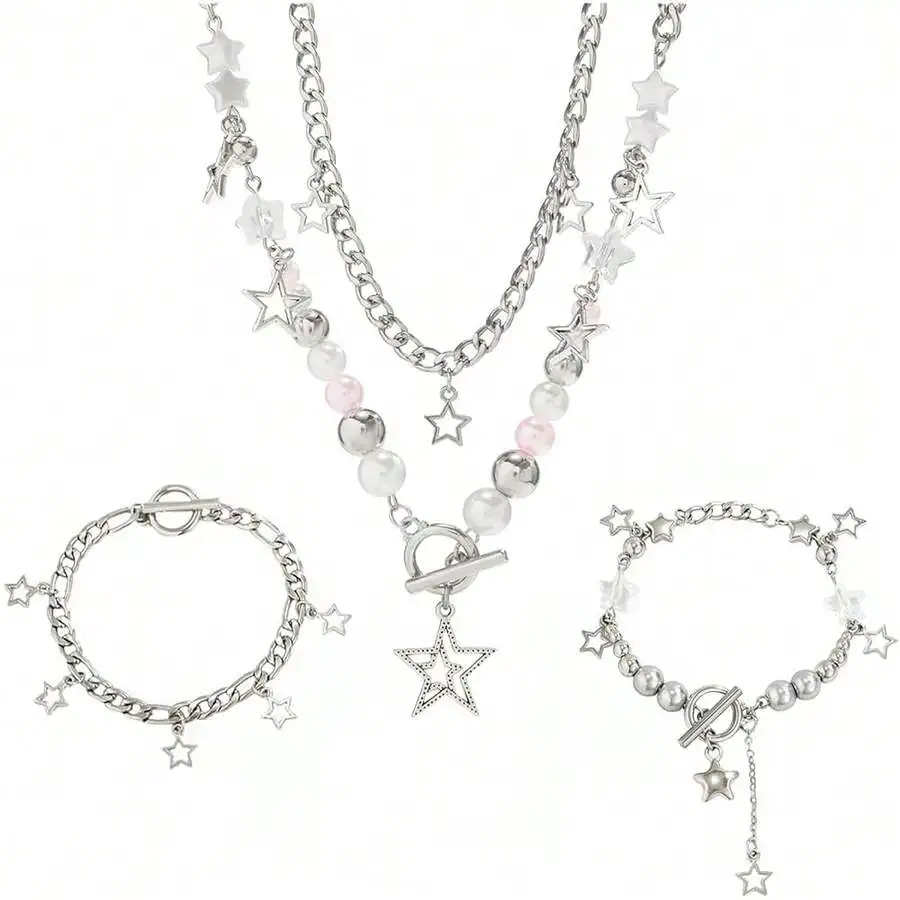 Silver Star Charm Layered Necklace & Bracelet Set with Pearl Beads
Silver Star Charm Layered Necklace & Bracelet Set with Pearl Beads