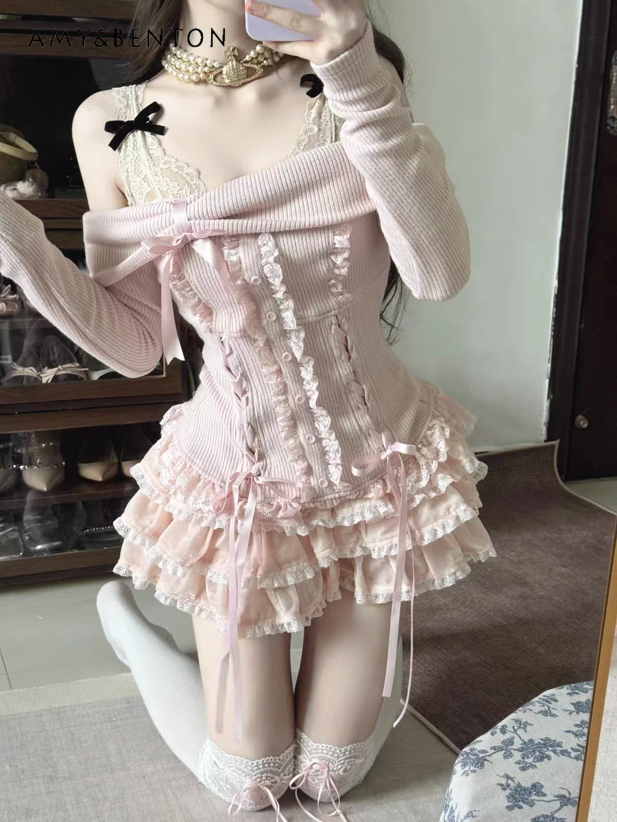 Sexy Sweet Skirt Sets Bow Off Shoulder Long Sleeve Knitted Top Cake Mini Skirt Girly Style Pink Two Piece Sets Womens Outifits
Sexy Sweet Skirt Sets Bow Off Shoulder Long Sleeve Knitted Top Cake Mini Skirt Girly Style Pink Two Piece Sets Womens Outifits