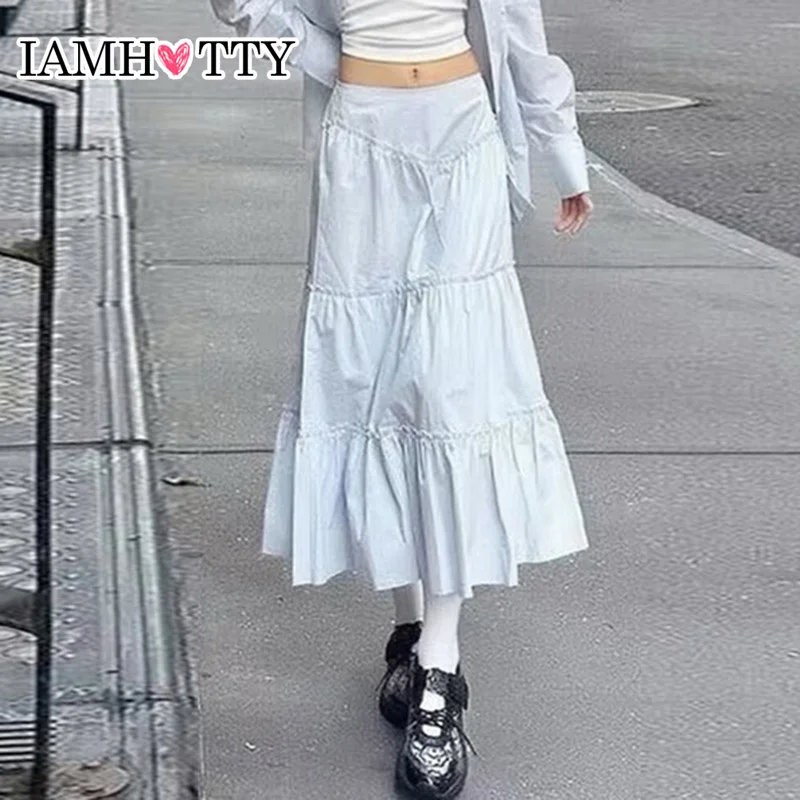 

IAMHOTTY Fairycore Floral Edge A-line Long Skirt White Coquette Aesthetic Skirts Y2K Holiday Party Casual Outfit Sweet Skirts