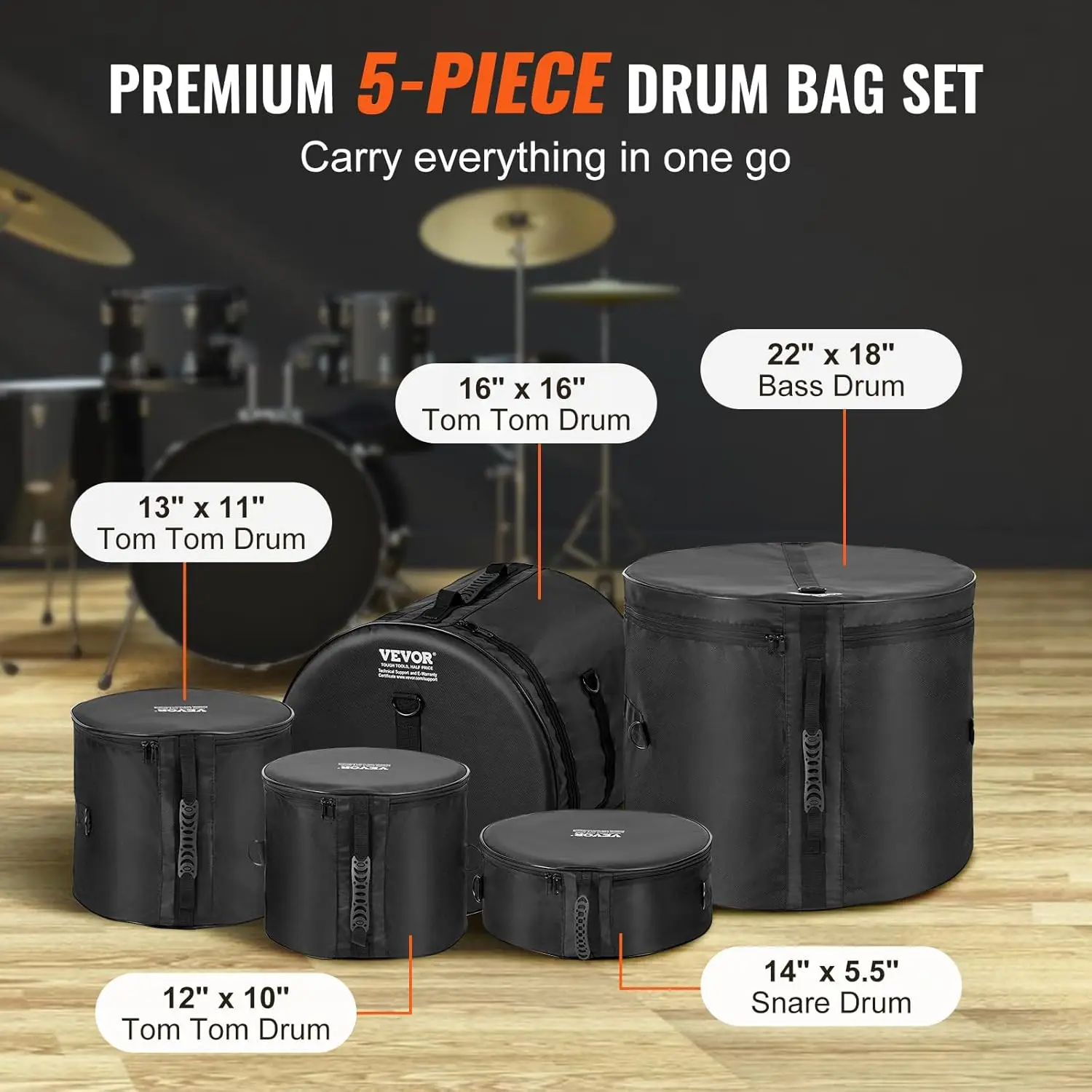 5-Piece Drum Bag Kit, Durable 1680D Oxford Drum Cases, Cushioned Cases with 1.5m Removable Shoulder Strap a
5-Piece Drum Bag Kit, Durable 1680D Oxford Drum Cases, Cushioned Cases with 1.5m Removable Shoulder Strap a
