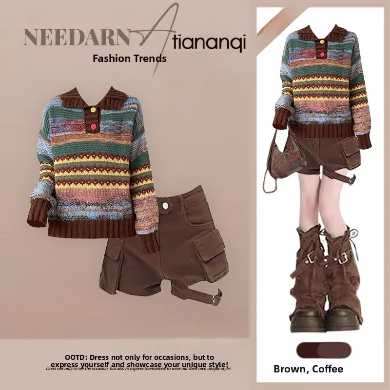 Fall New Design High Ne Stripes Retro Sweater And Casual High Waist Slimming orts Two Piece Set Women's Faion
Fall New Design High Ne Stripes Retro Sweater And Casual High Waist Slimming orts Two Piece Set Women's Faion